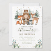 Invitation Bois Anniversaire Forêt Animaux Verdure Or (Devant)