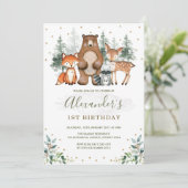 Invitation Bois Anniversaire Forêt Animaux Verdure Or (Debout devant)