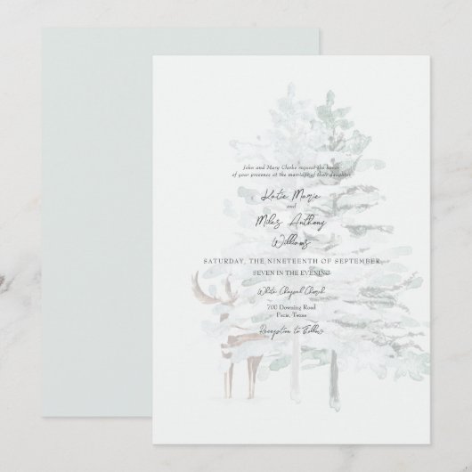 Invitation Bois Aquarelle Arbres et Mariage de cerfs (Devant / Derrière)