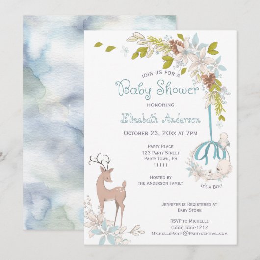 Invitation Bois Aquarelle Baby shower Floral Garçon (Devant / Derrière)