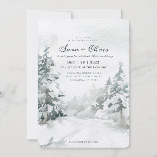 Invitation Bois | Aquarelle de la forêt d'hiver de neige (Devant)
