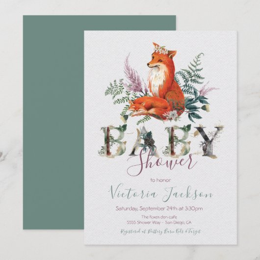 Invitation Bois Aquarelle Forêt Baby shower renard (Devant / Derrière)