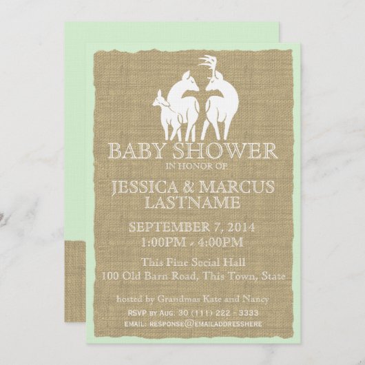 Invitation Bois Baby shower cerfs et burlap (Devant / Derrière)