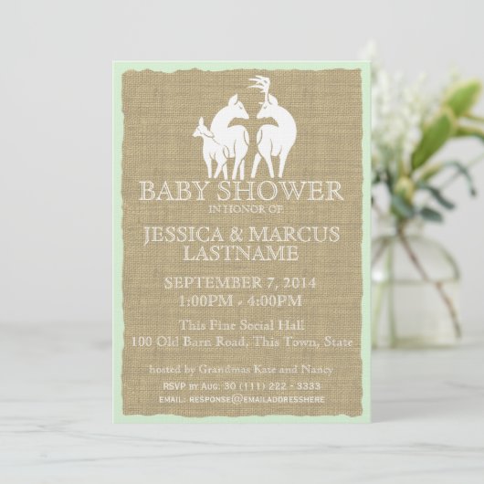 Invitation Bois Baby shower cerfs et burlap (Debout devant)