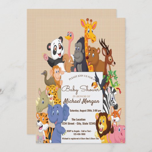 Invitation Bois, Baby shower d'animaux forestiers (Devant / Derrière)