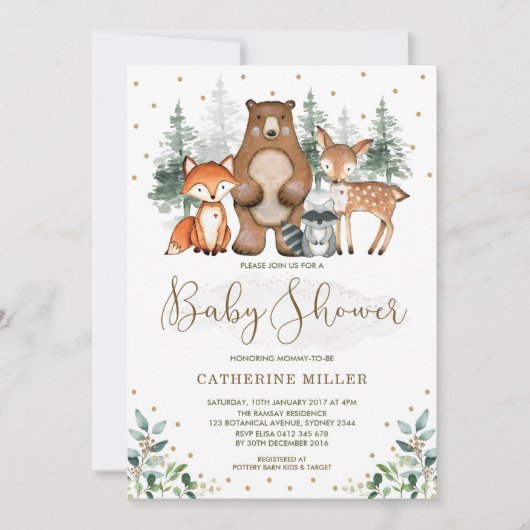 Invitation Bois Baby shower Forêt Animaux Verdure Or (Devant)
