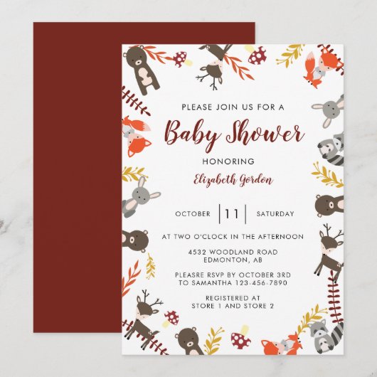 Invitation Bois Baby shower mignon Animaux forestiers Neutres (Devant / Derrière)