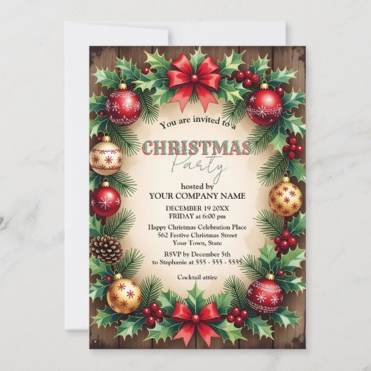 Invitation Bois Baubles Red Bow Corporate Christmas Party (Devant)