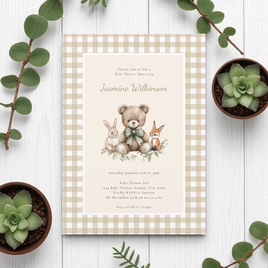 Invitation Bois beige rustique Animaux Baby shower En vichy