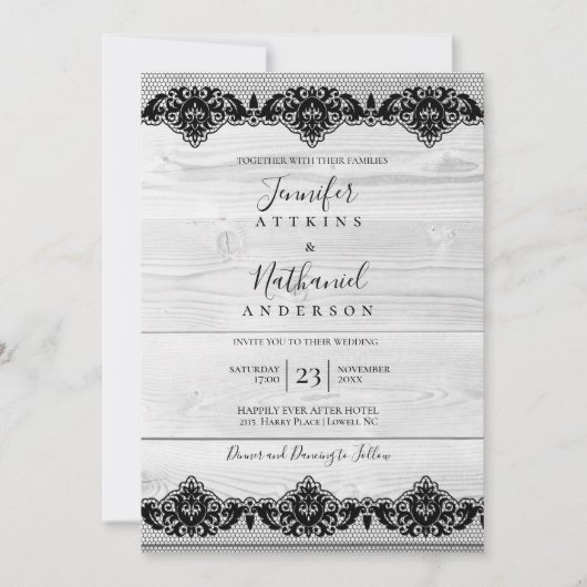 Invitation Bois Blanc Dentelle Noire Élégance Rustique (Devant)