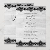 Invitation Bois Blanc Dentelle Noire Élégance Rustique (Devant / Derrière)