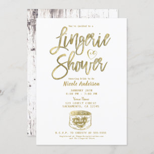 Invitation Bois blanc rustique Glam or Lingerie Douche