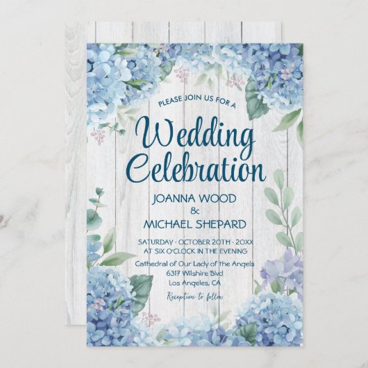 Invitation Bois blanc rustique | Mariage Blue Hydrangea (Devant / Derrière)