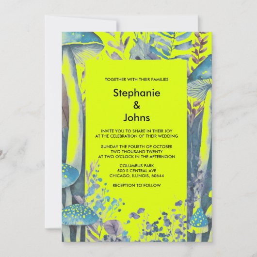Invitation Bois bleu foncé Champignons Jaune Mariage vert (Devant)