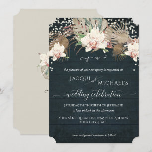 Invitation Bois Bleu Marine Floral Orchidée Blanche Scintille
