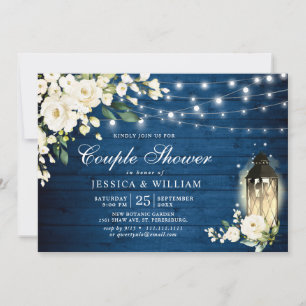 Invitation Bois bleu Roses blanches Lanterne Rustique Couple