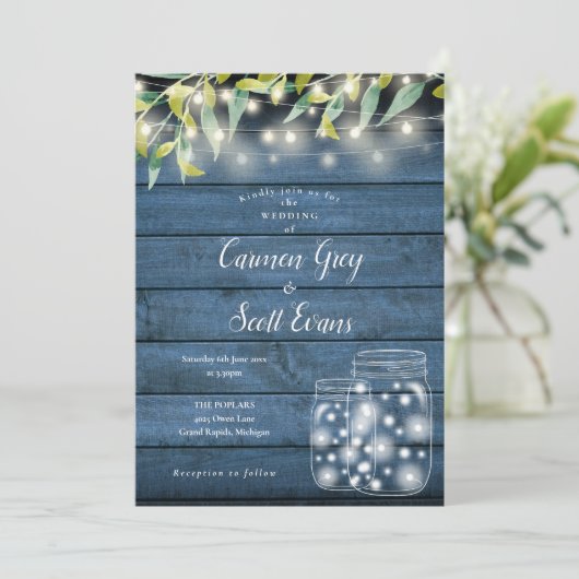 Invitation Bois bleu vert Mason Jar String Mariage (Debout devant)