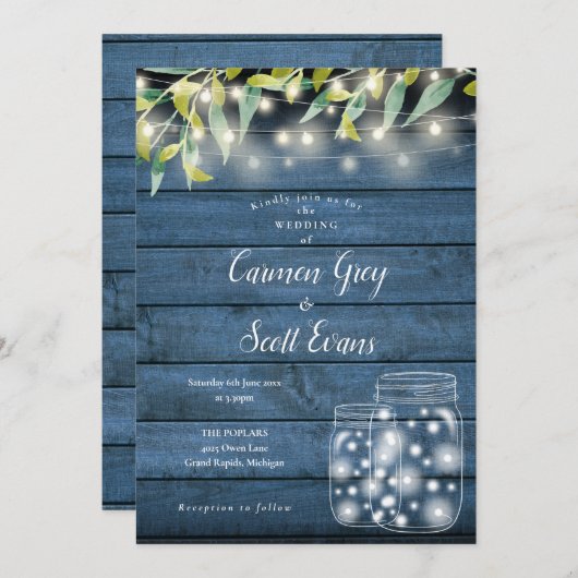 Invitation Bois bleu vert Mason Jar String Mariage (Devant / Derrière)