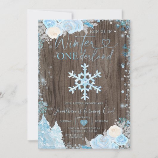 Invitation Bois Blue Winter Onederland Snowflake Anniversaire (Devant)