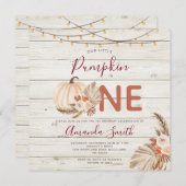 Invitation Bois Boho Herbe de Pampas Citrouille a un an Joyeu (Devant / Derrière)
