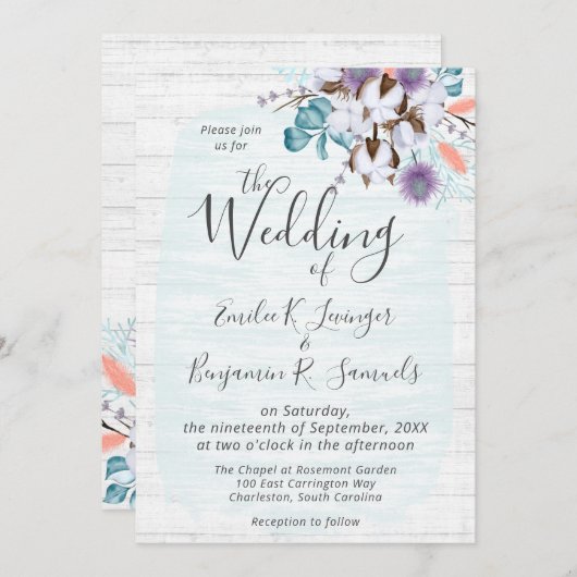 Invitation Bois botanique rustique de coton du pays du Sud (Devant / Derrière)