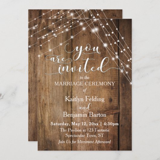 Invitation Bois Brown rustique, Chaînes lumineuses blanches M (Devant / Derrière)