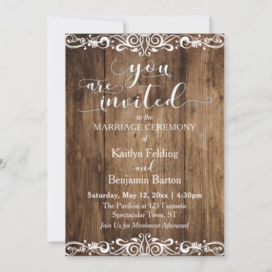 Invitation Bois Brown rustique, Défilement, Mariage de typogr (Devant)