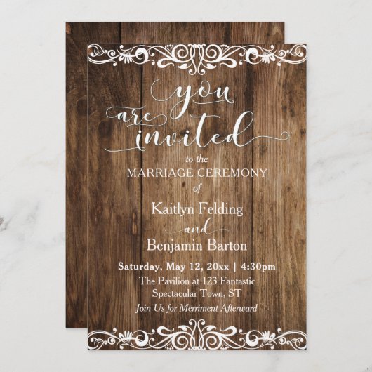 Invitation Bois Brown rustique, Défilement, Mariage de typogr (Devant / Derrière)