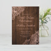 Invitation Bois brun rustique chic rose or floral Sweet 16 (Debout devant)
