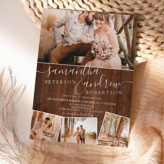Invitation Bois brun rustique chic script 5 photos mariage
