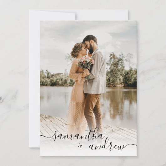 Invitation Bois brun rustique chic script 5 photos mariage (Devant)