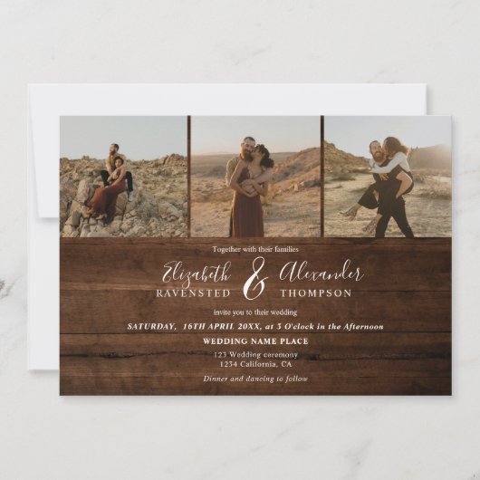 Invitation Bois brun rustique Élégant 4 Photos script mariage (Devant)