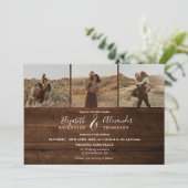 Invitation Bois brun rustique Élégant 4 Photos script mariage (Debout devant)