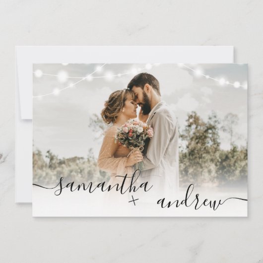 Invitation Bois brun rustique script 4 photos mariage (Devant)