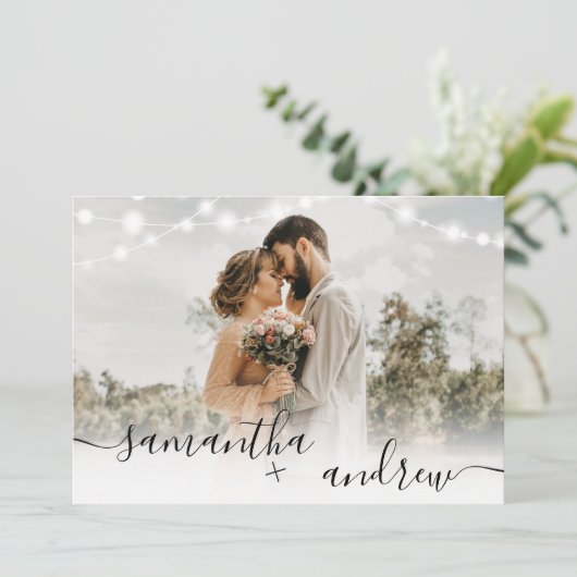 Invitation Bois brun rustique script 4 photos mariage (Debout devant)