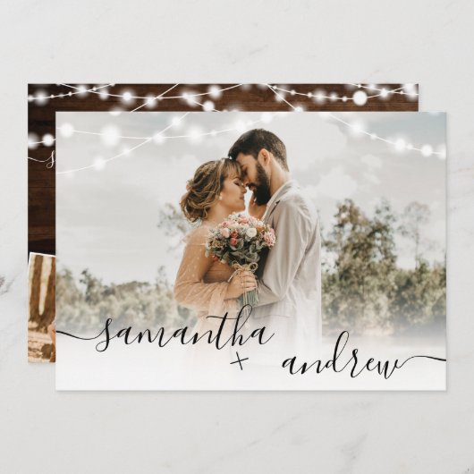 Invitation Bois brun rustique script 4 photos mariage (Devant / Derrière)