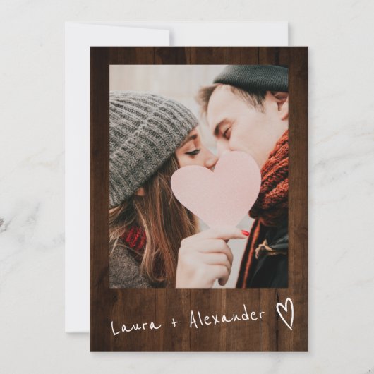 Invitation Bois brun rustique script coeur 2 photos mariage (Devant)