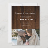 Invitation Bois brun rustique script coeur 2 photos mariage (Dos)
