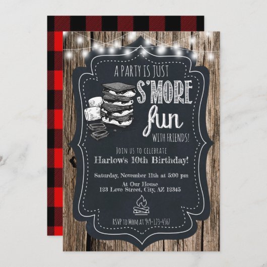 Invitation Bois Chalkboard Rustic S'mores Fête Anniversaire (Devant / Derrière)