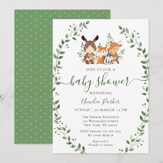 Invitation Bois Chic Vert Forêt Animaux Baby shower (Devant / Derrière)