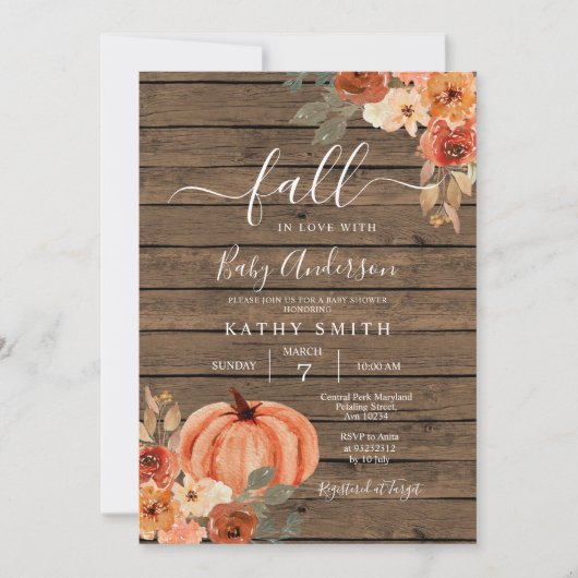Invitation Bois Chute En Amour Boho Floral Citrouille Baby sh (Devant)
