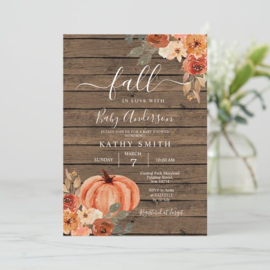 Invitation Bois Chute En Amour Boho Floral Citrouille Baby sh (Debout devant)