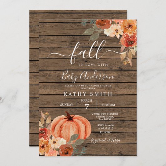 Invitation Bois Chute En Amour Boho Floral Citrouille Baby sh (Devant / Derrière)