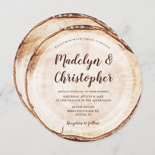 Invitation Bois coupé grain Mariage rustique noms de script (Devant / Derrière)