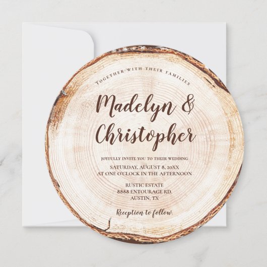 Invitation Bois coupé grain Mariage rustique noms de script (Devant)