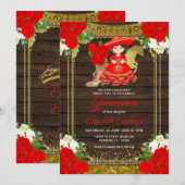 Invitation Bois Cute Rose rouge Fleurs Princesse Quinceanera  (Devant / Derrière)