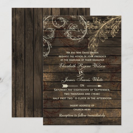 Invitation Bois de Barnwood rustique, mariage florissant (Devant / Derrière)