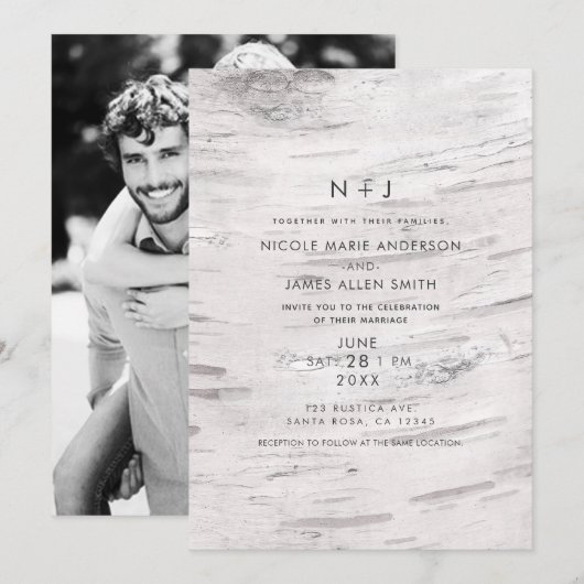 Invitation Bois de bouleau blanc Grange rustique Mariage phot (Devant / Derrière)