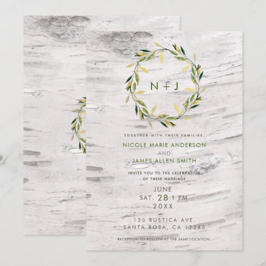 Invitation Bois de bouleau blanc Mariage de couronne rustique (Devant / Derrière)