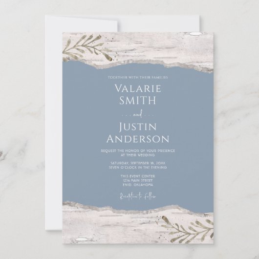 Invitation Bois de bouleau Mariage bleu Dusty (Devant)